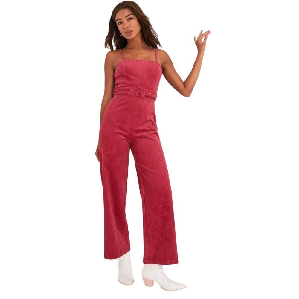 Lulus Belted Wide Leg Jumpsuit Sz S/M Seasonal Charm Corduroy Retro Mod Festival